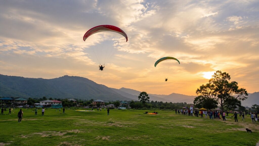 Paragliders descending over Bir Billing landing site near a popular cafe in Bir during sunset