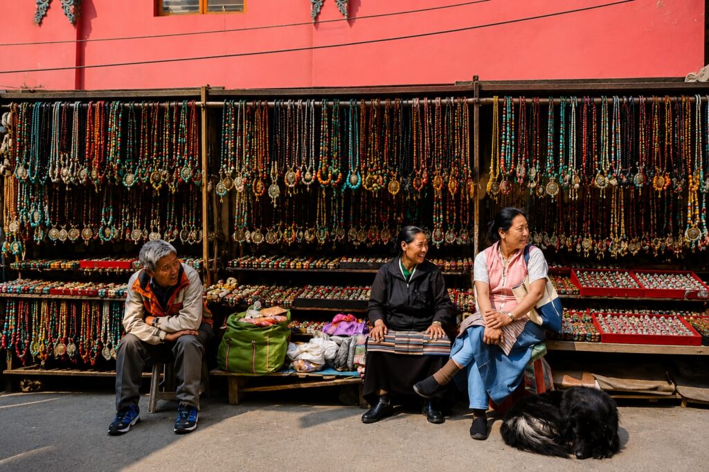 Dalai Lama Temple McLeodganj Tibetan market with colourful handmade jewellery and local vendors