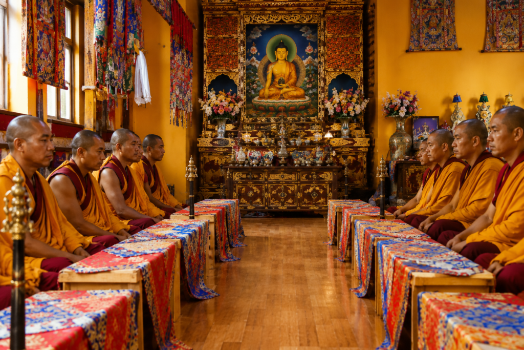 Monks seated in prayer inside the Namgyal Monastery prayer hall in McLeod Ganj Dharamshala