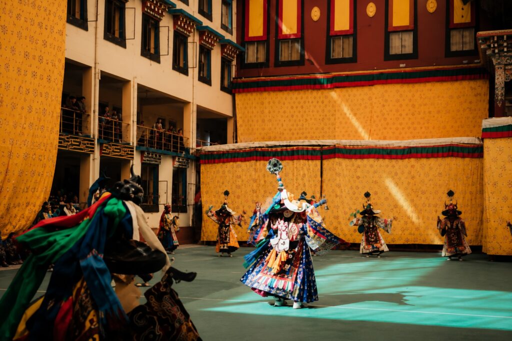 Cham dance performance at Sherabling Monastery during a Tibetan Buddhist festival in Bir, Himachal Pradesh