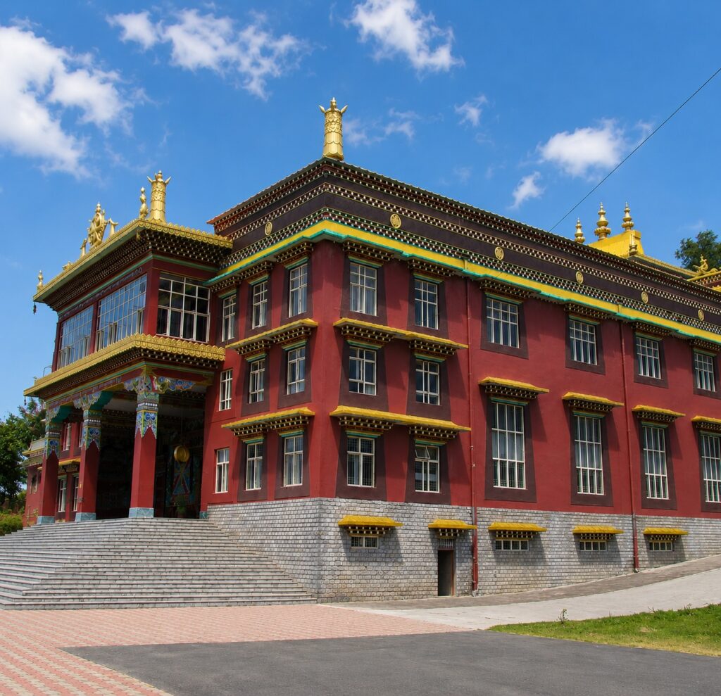 Sherabling Monastery main building with traditional Tibetan architecture in Bir, Himachal Pradesh