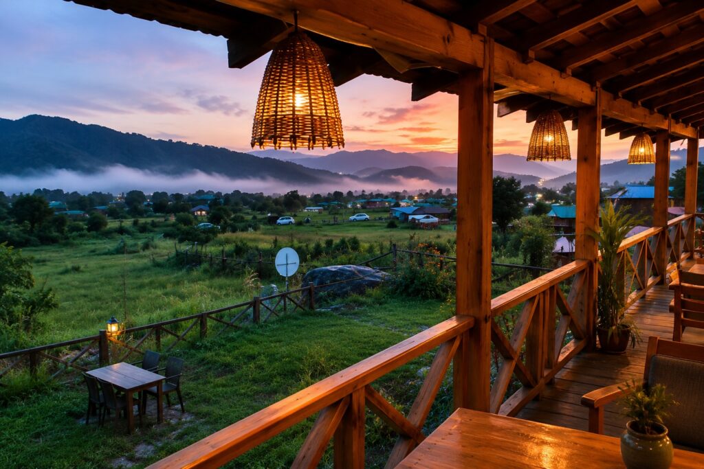 Rustic cafe balcony overlooking the Bir valley and misty mountains at sunset, one of the most relaxing things to do in Bir.