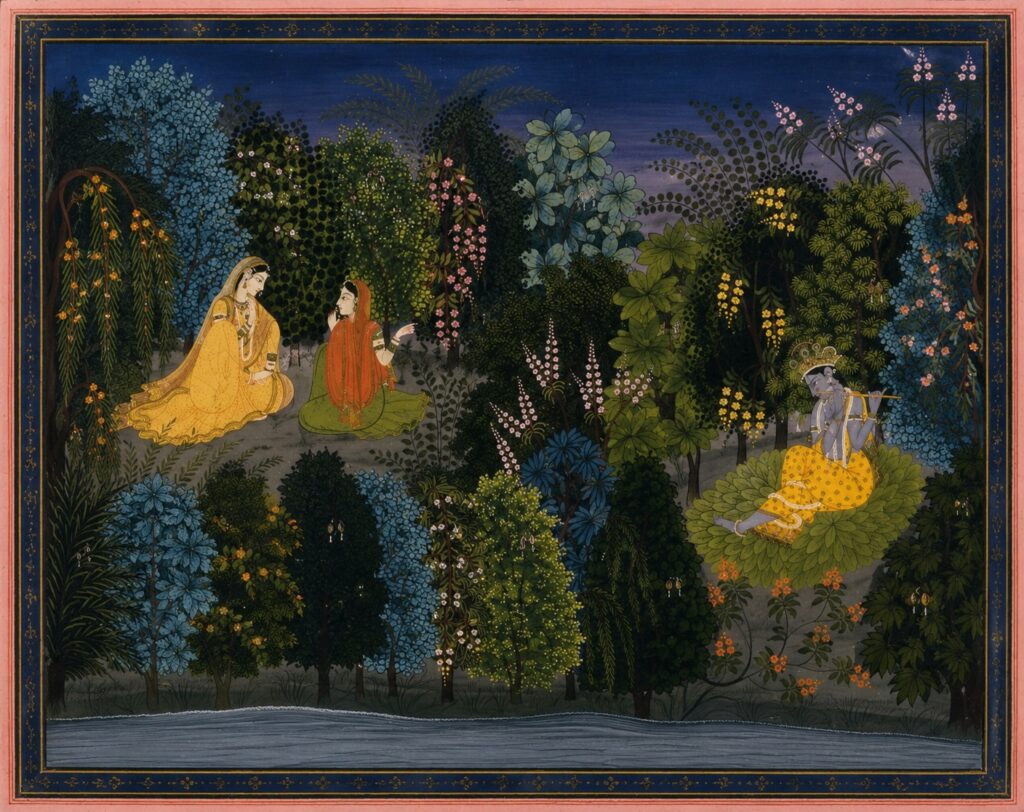 Kangra painting of Krishna playing the flute in a flowering garden