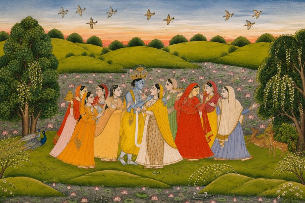 Kangra painting depicting Krishna surrounded by gopis in a lotus-filled landscape