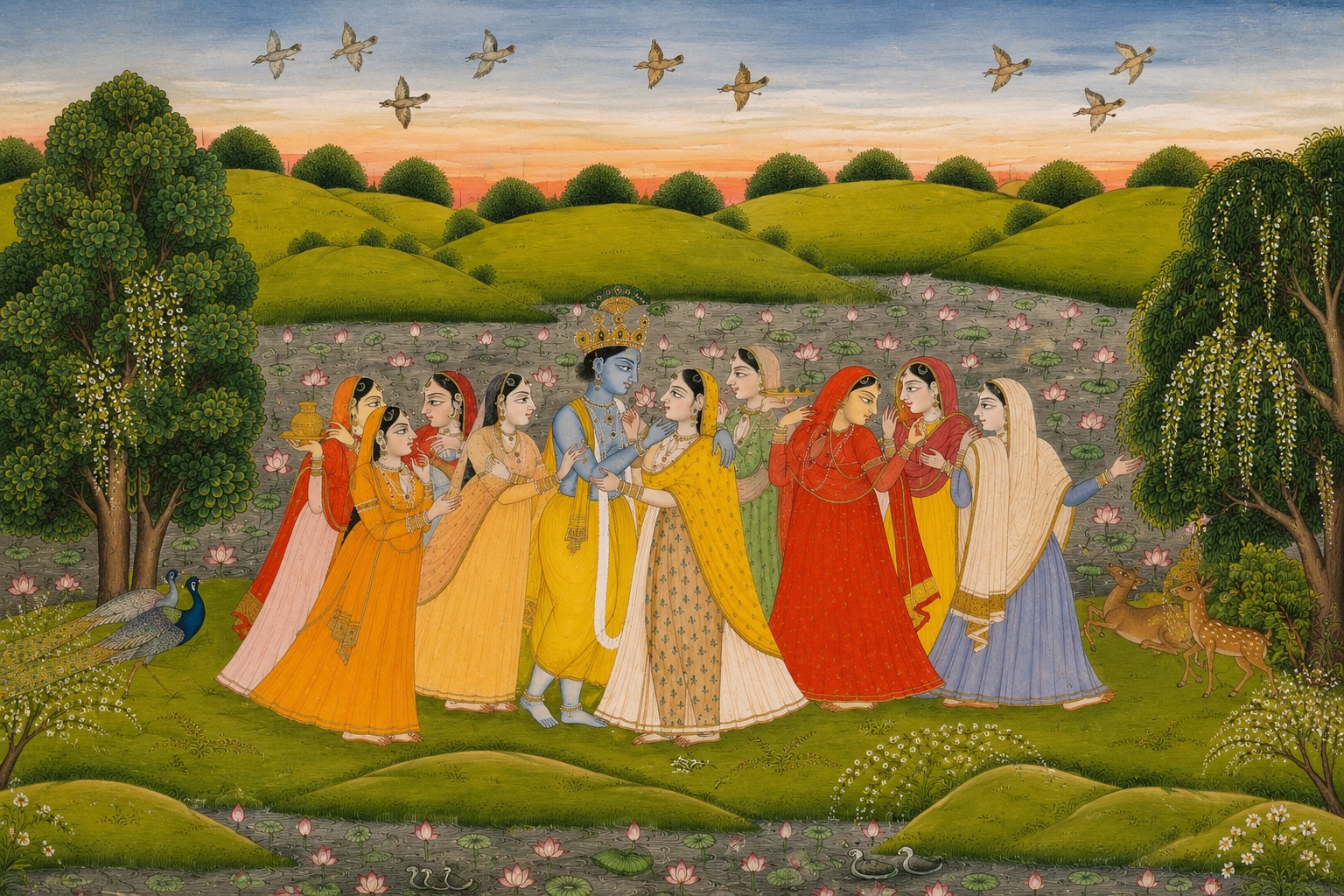 Kangra painting depicting Krishna surrounded by gopis in a lotus-filled landscape