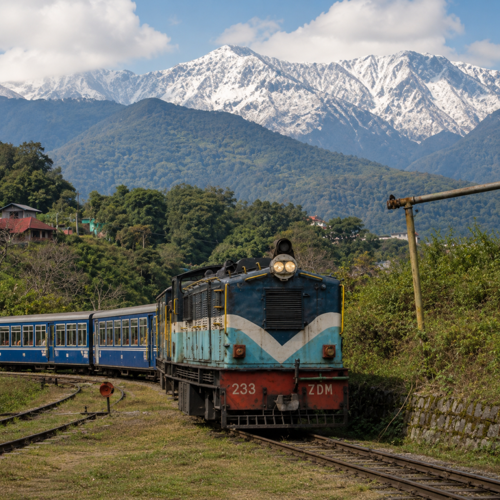 Kangra Valley Toy Train traveling through scenic hills with the snow-capped Dhauladhar mountains in the background.