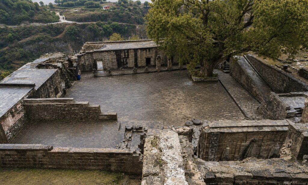Kangra Fort temple courtyard and ancient stone ruins in Himachal Pradesh