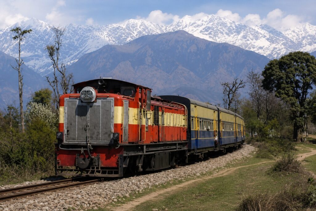 Kangra Toy Train arriving at Palampur Himachal railway station in Kangra Valley
