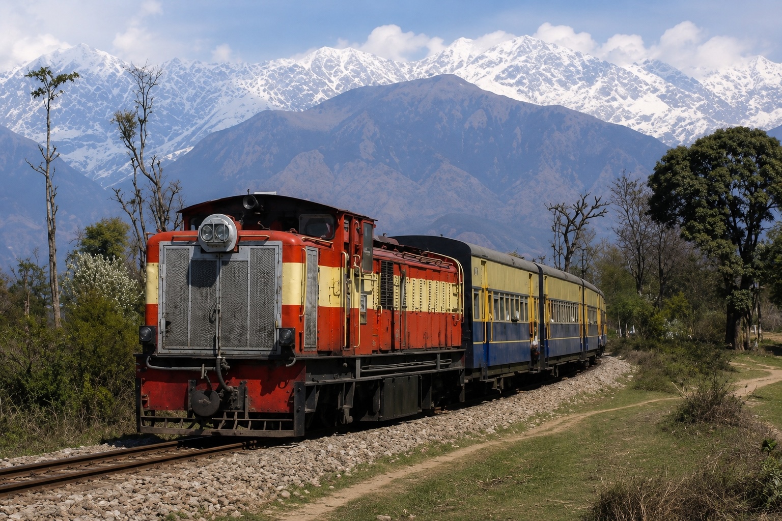 Kangra Toy Train passing through the Kangra Valley with the snow-covered Dhauladhar mountains in the background