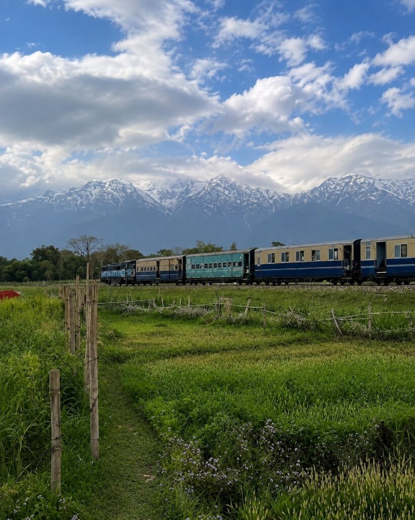 Kangra Toy Train passing through green fields with the snow-covered Dhauladhar mountains in the background